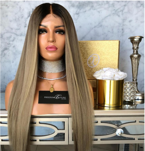 

ombre golden synthetic long straight hair synthetic lace front wig 18-26inch black blonde two tone cosplay hair