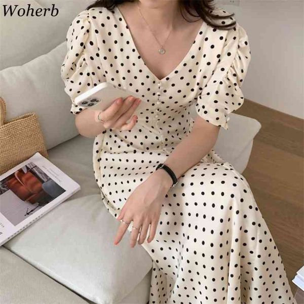 

maxi dresses women elegant puff sleeve polka dot vestidos summer temperament robe loose vintage fashion dress 4j320 210519, Black;gray