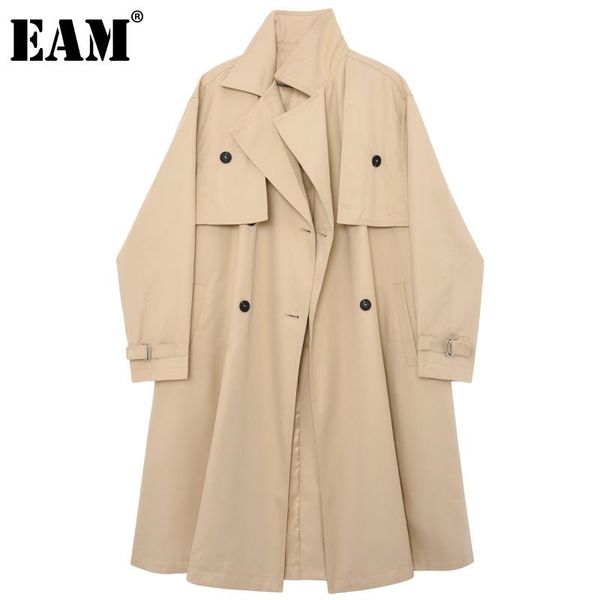 

[eam] women khaki black big size casual trench lapel long sleeve loose fit windbreaker fashion spring autumn 2021 1dd6886 women's coats, Tan;black