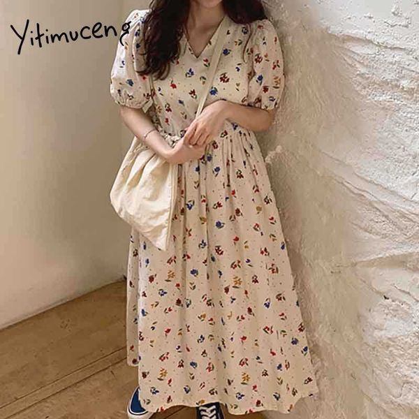 

yitimuceng boho floral print dresses for women oversize midi dress short puff sleeve white black summer korean fashion 210601, Black;gray
