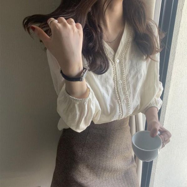 

women's blouses & shirts v neck puff long sleeve lace blouse 2021 patchwork button spring autumn elegant hollow out shirt, White