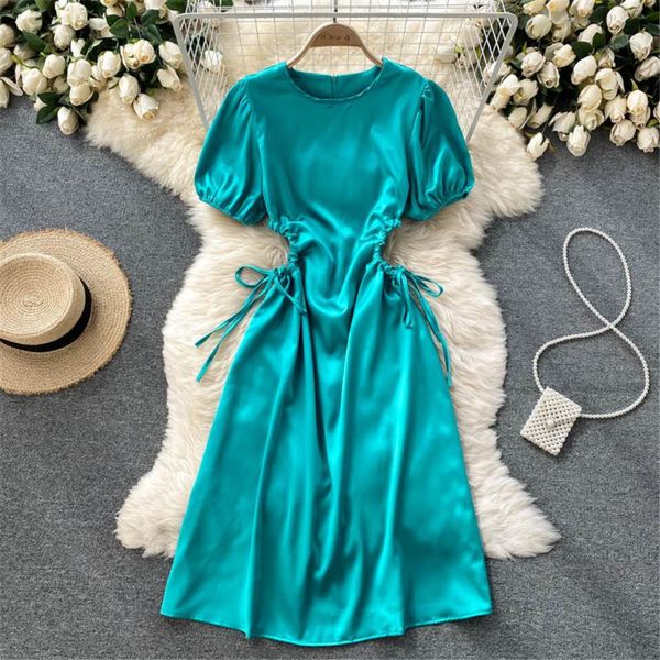 

casual dresses fashion satin dress for women summer o neck short sleeve bandage hollow office lady robe, Black;gray