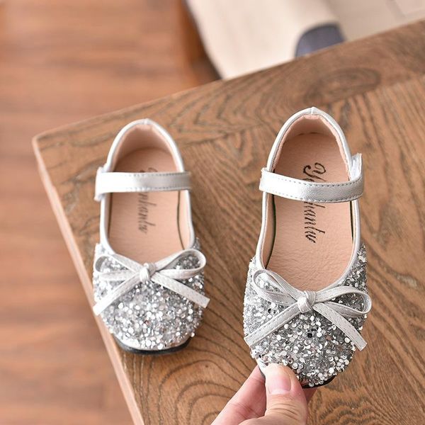 

flat shoes children 2021 girls princess leather kids silver sequins bling party wedding dance performance, Black;grey