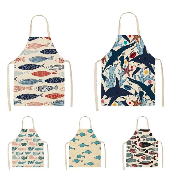 

creative cute fish printed kitchen aprons for women linen home cooking baking waist barista bib pinafore cleaning tools 68*55cm