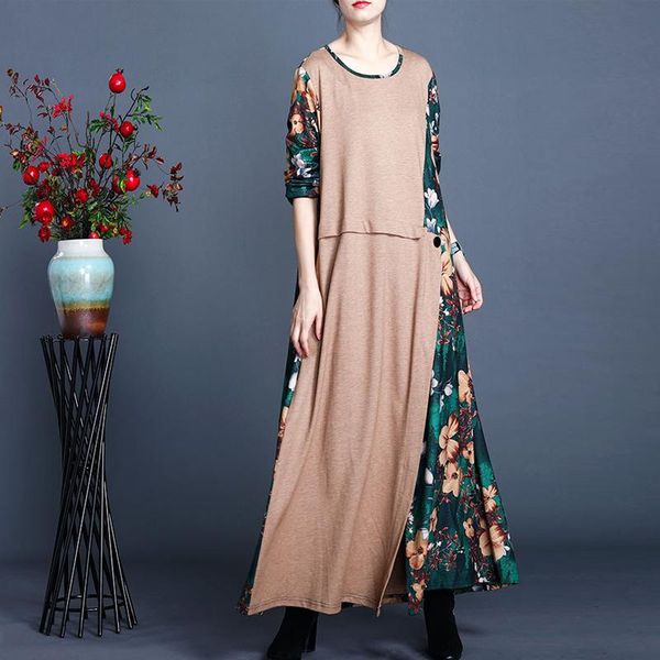 

casual dresses johnature women vintage patchwork print floral dress o-neck long sleeve robes 2021 autumn soft blend chinese style, Black;gray