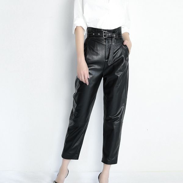 

women's pants & capris 2021 spring high-rise female chic crayon trousers of leather, Black;white