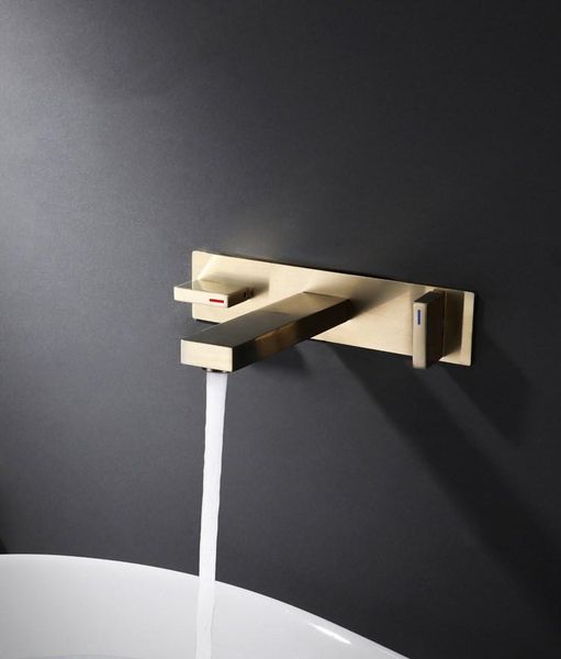 

brushed gold wall mounted brass basin faucet dual handle mixer tap cold square bathroom water bath set sink faucets