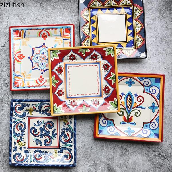 

dishes & plates 8-inch square dish plate ceramic household steak western tableware painted fruit kitchen tool porcelain