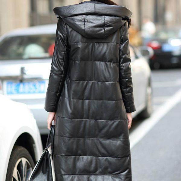 

women's leather & faux jacket genuine down white duck winter coat women korean parka hooded long black slim coats plus size m-5xl s