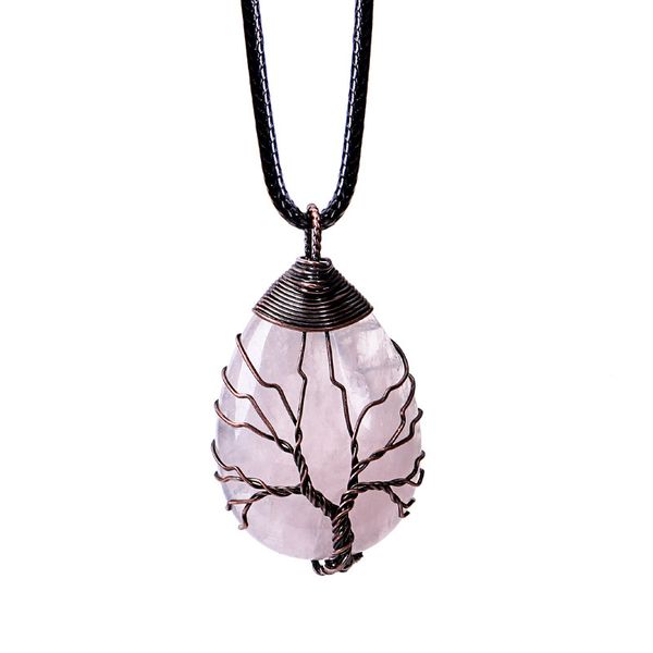

natural stone crystal drop-shaped wire wound lucky tree pendant necklace women romantic jewelry choker girlfriend gifts, Silver