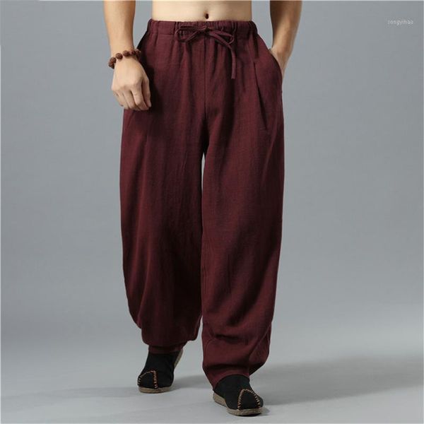 

men's pants summer men cotton linen wide leg chinese style male high long trousers sweatpants plus size, Black