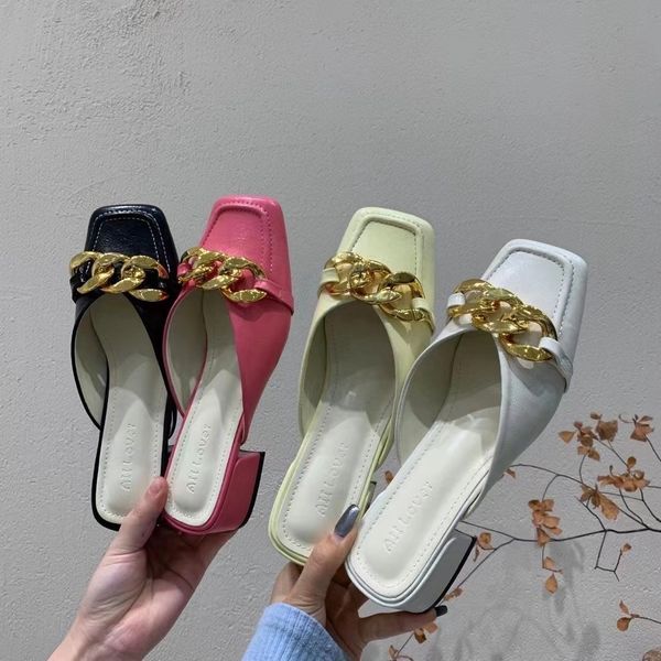 

arrivals square toe thin mid heels thick heeled slip on shallow slides mules shoes metal chain outdoor slides pumps 210513, Black