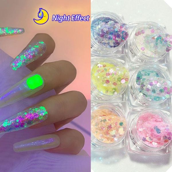 

nail glitter 6pcs/set manicure decor diy art acrylic paillettes fluorescent flakes glow in dark luminous sequins, Silver;gold