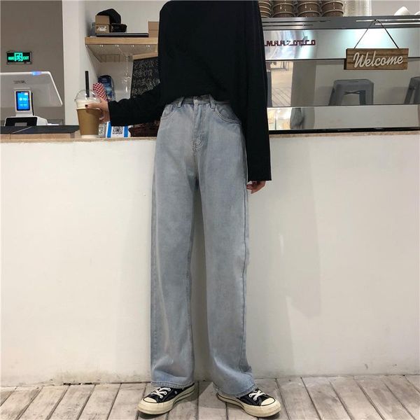 

women's jeans 2021 spring and summer oversize high waist wide leg loose slim xuanya style straight hole dad pants, Blue