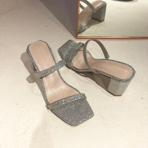 

slippers thick-heeled women's shoes wear all-match square toe with open high heels, Black