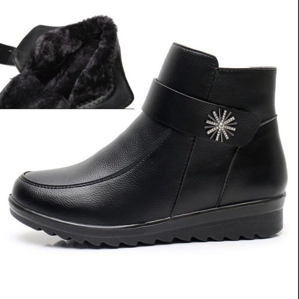 

boots fashion winter women genuine leather ankle female thick plush warm snow mother waterproof non-slip booties, Black