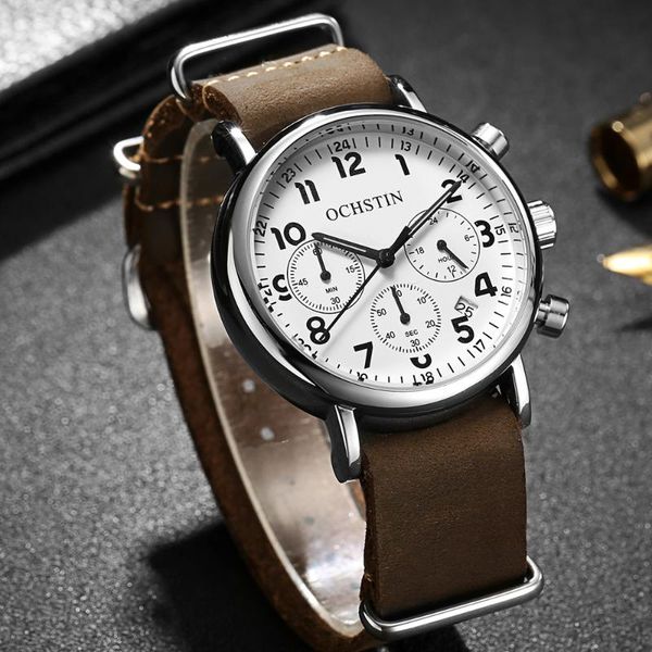 

wristwatches ochstin 2021 fashion mens watches with leather strap sports chronograph quartz watch men relogio masculino, Slivery;brown
