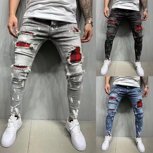 

men's jeans spring and autumn fashion self-cultivation ripped elastic feet pants wild handsome paint casual beggar, Blue
