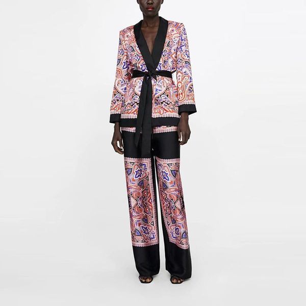 

fashion patchwork floral suit jacket womens tracksuits with sash spring blouse coat elegant v neck office pants sets outfit, Gray