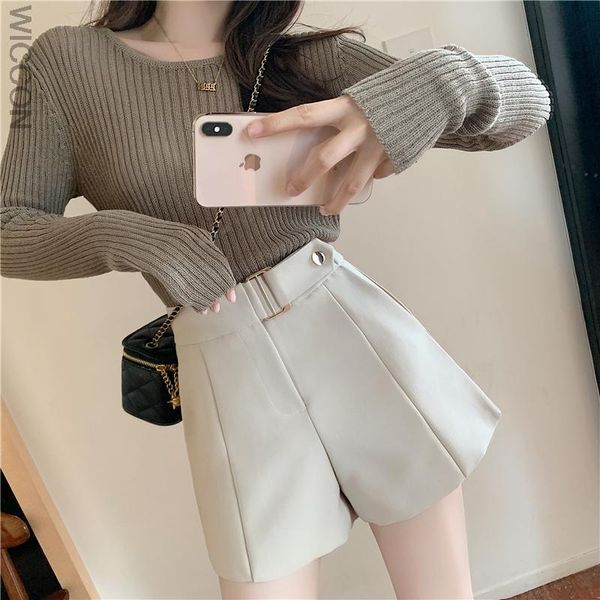 

women's shorts autumn casual high waist wide leg women korean brief solid office lady work wear leisure suit, White;black
