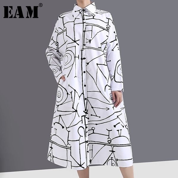 

[eam] women white pattern printed big size dress new lapel long sleeve loose fit fashion tide spring autumn 1y744 210325, Black;gray
