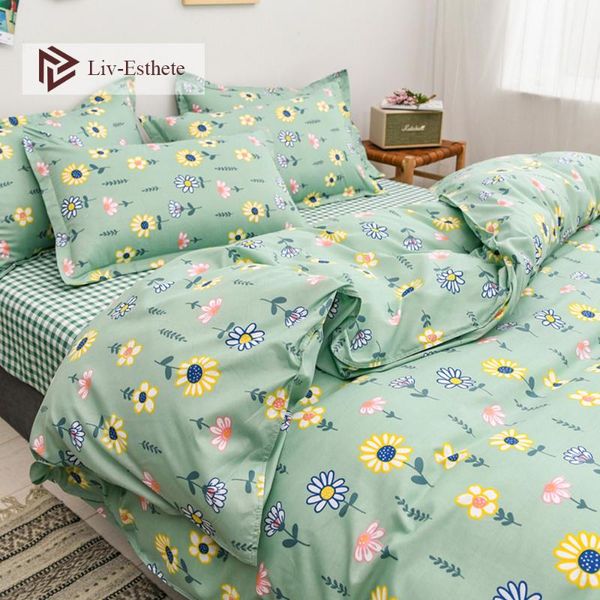 

liv-esthete home bedding set bedspread child single twin double  duvet cover flat sheet green flowers bed linen sets