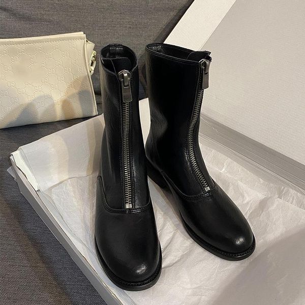 

boots women shoes red british style leather front zipper short medium sleeve spring and autumn, Black