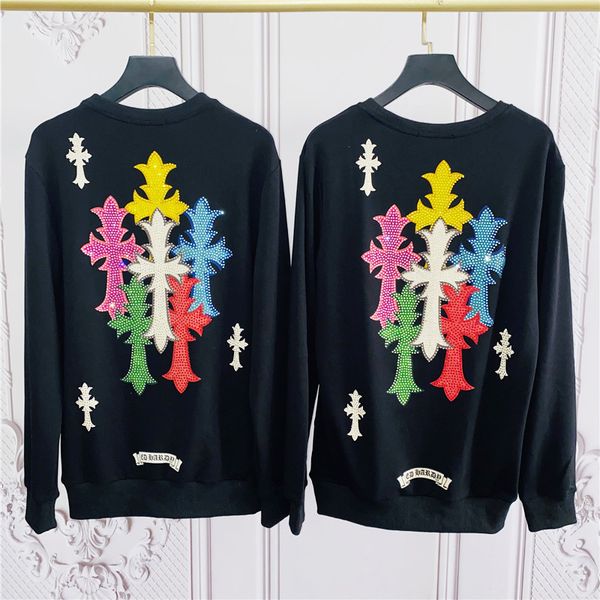 

chrome-hearts chao brand tiger head drill ed color sanskrit cross round neck pullover sweater long sleeve jacket for men and women, Black