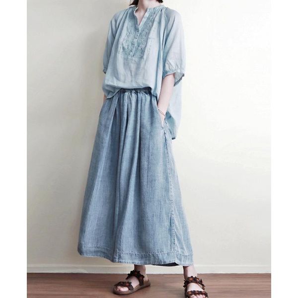 

women's jeans fairynatural women summer autumn plus size regular long denim pants elastic waist pocket retro casual wide leg trousers, Blue