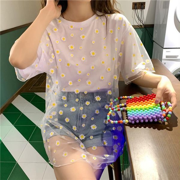 

summer daisy mesh stitching short womens sleeved korean style kawaii loose, White