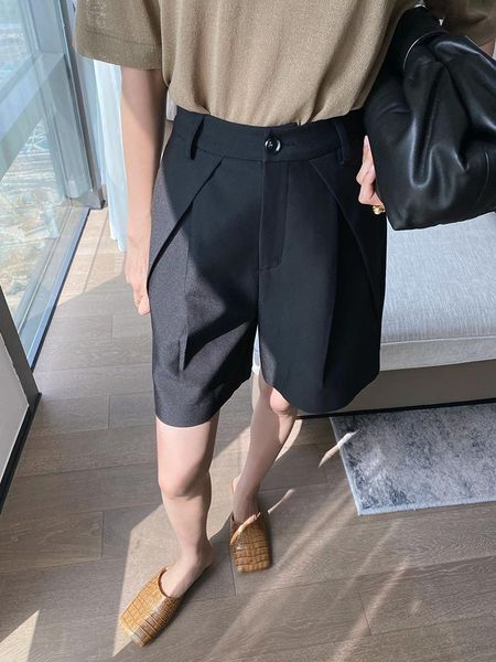 

women's shorts chic pleated thin suit female summer elegant high waist loose wide leg casual black formal women clothing, White;black