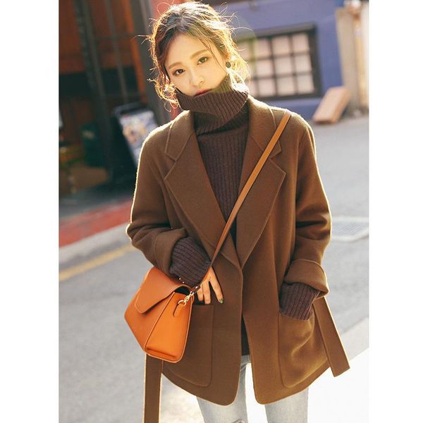 

women's wool & blends 2021 autumn and winter reversible cashmere coat small korean style suit collar lace-up loose slimming woolen, Black