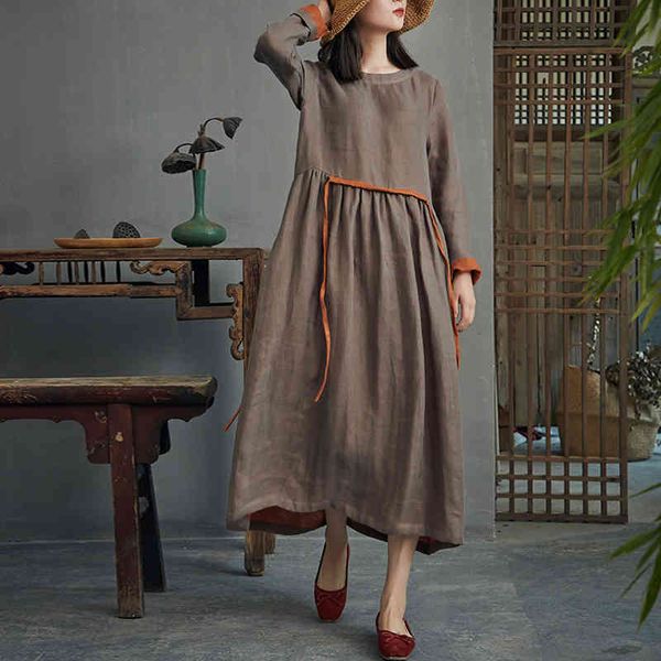 

johnature spring cotton linen vintage retro dress women loose solid color long sleeve ramie o-neck sashes dresses 210521, Black;gray
