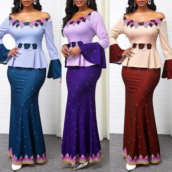 

casual dresses women elegant off shoulder long flared sleeve fish tail hem bodycon maxi dress plus size 5xl party robe femme, Black;gray