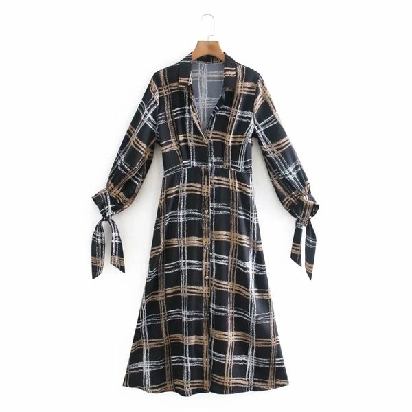 Frühling Frauen Turndown Kragen Plaid Midi Hemd Kleid Weibliche Drei Viertel Hülse Kleidung Casual Dame Lose Vestido D7152 210430