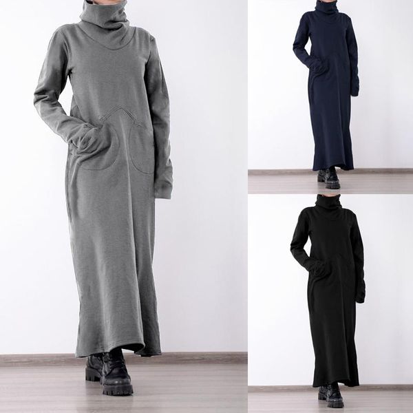 

casual dresses celmia vintage winter women autumn long sleeve turtleneck maxi dress loose pockets vestidos plus size robe femme, Black;gray