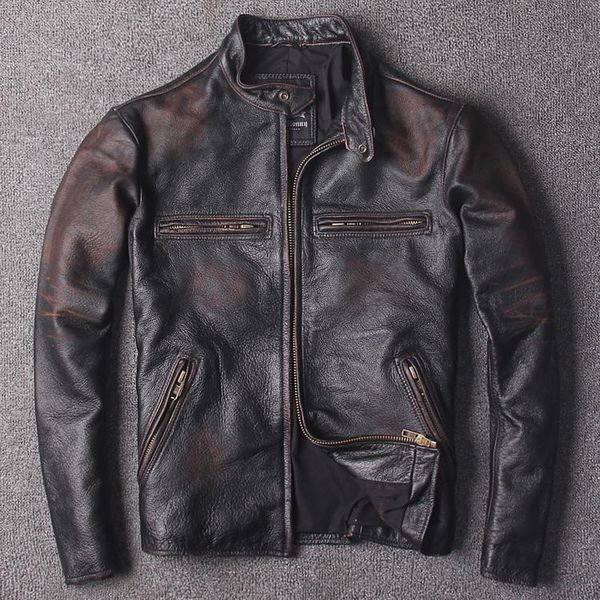 

men's leather & faux men 2021 vintage slim fit biker's jacket plus size xxxl genuine cowhide spring russian short coat free, Black