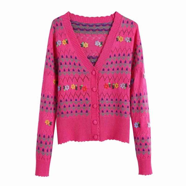 

women flower embroidery crochet knitting short sweater female v neck long sleeve pullover casual lady slim sw1215 210430, White;black