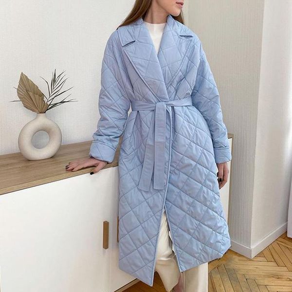 

fashion spring mid length notched parkas women elegant tie belt pockets coats argyle casual solid cotton jackets ladies women's down, Black