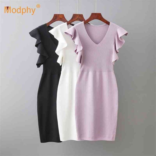 

summer elegant women's knitted dress v-neck sleeveless ruffled bodycon female party dresses fashion 210527, Black;gray