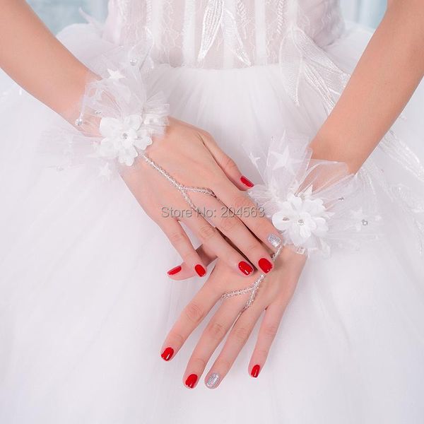 

bridal gloves simple wedding party fingerless short with beads and flowers, White