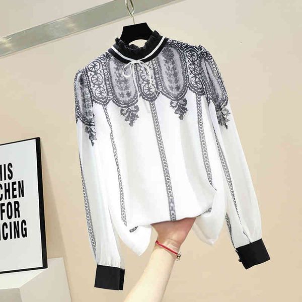 

suits elegant white retro up stand collar chiffon shirt women long sleeve blouse lady's shirts blusas, White;black