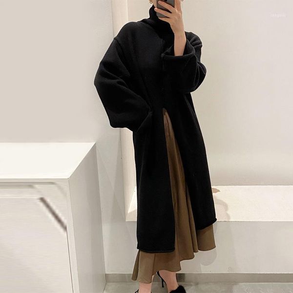 

[ewq] 2021 winter female loose casual turtle neck solid color long sleeve minimalist knitting splitting sweater dress 8d5151, Black;gray