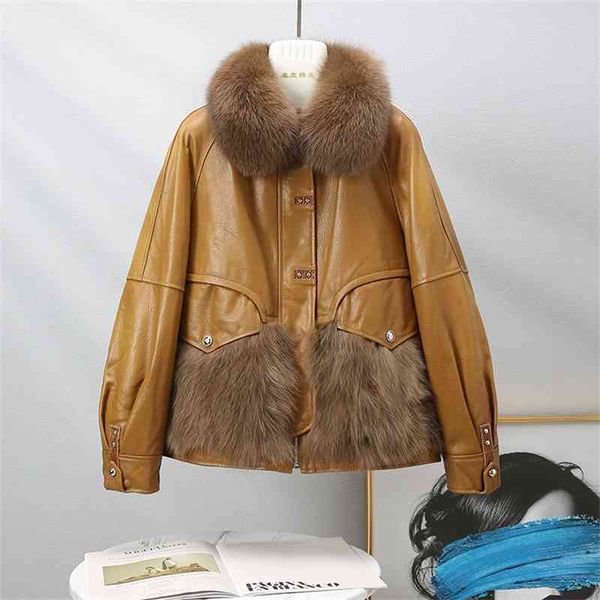 

2021 sheepskin waistless long sleeve temperament commuting zipper brown lapel loose hoodless korean women's leather coat, Black