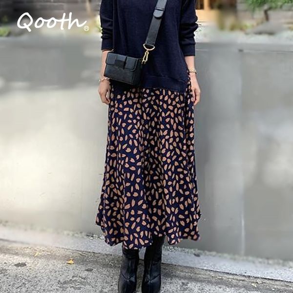 Qooth Vintage Patchwork Dress Donna Leopard O-Collo Manica lunga Abiti lunghi per l'autunno Stile coreano Chic Elegante QT214 210518