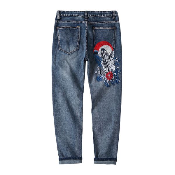 

men's jeans arrival fashion jean national carp embroidered elastic small chinese straight pants total length light male jeans 62ud, Blue
