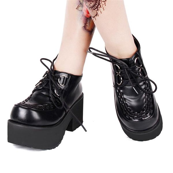 

gothic punk lolita platform girls wedge shoes spring autumn metal button women single handmade laces female high heels dress, Black