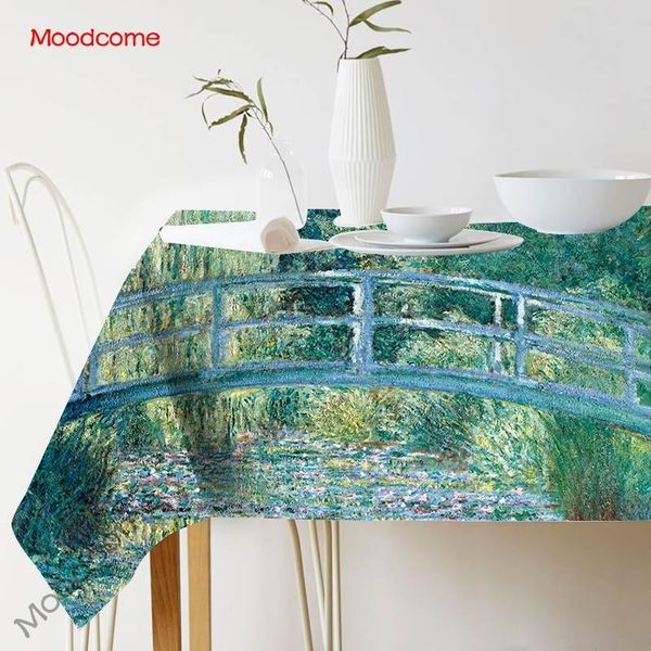 

table cloth claude monet impressionism oil painting waterproof dining summer lily garden tropical plants green linen tablecloth