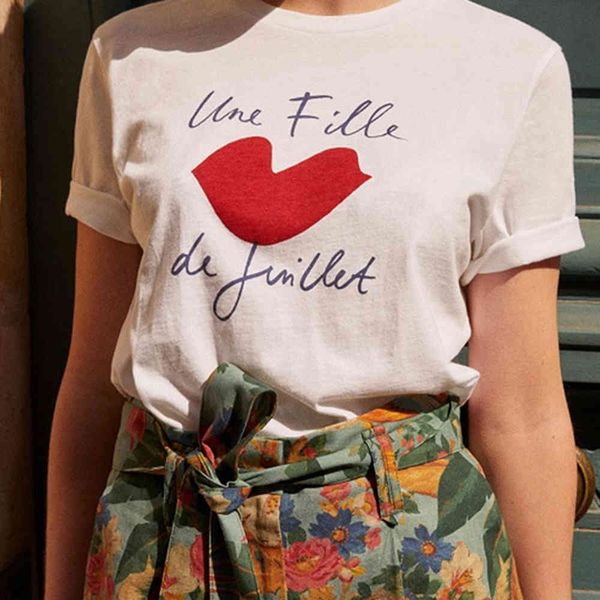 

t shirt lips print shirt women cotton round neck short sleeve soft casual t shirts summer printed vintage tees elegant chic, White