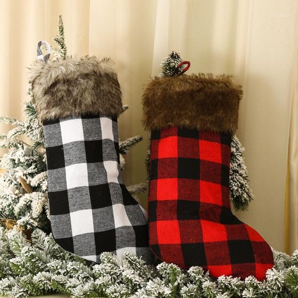 

christmas decorations red black plaid stockings candy gift bag fireplace hanging ornament for family party ation